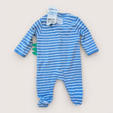 Dino Striped Blue & White Onesie. Age 0-3M